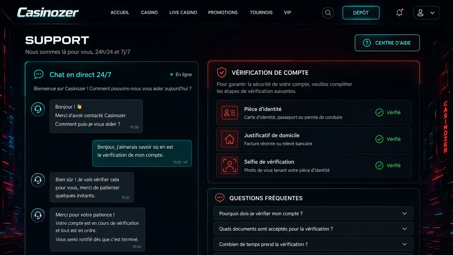Qualité du service et horaires — casinozer avis